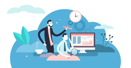 Daily life work illustration, transparent background. Flat tiny job routine persons concept. Professional workplace office scene with labor and boss assignment process. Corporate project development.