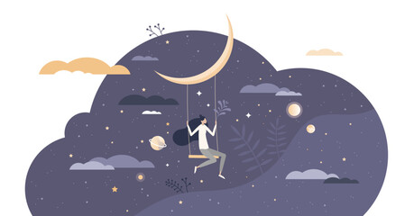 Fototapeta na wymiar Dreaming with sweet night dreams as bedtime relax sleep tiny person concept, transparent background. Hanging with swings on moon as fly in fantasy around cosmos and universe illustration.