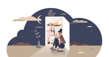 Eating at night as unhealthy food hunger habit after midnight tiny person concept, transparent background. Mental problem and overeating addiction lifestyle illustration. Open fridge and female.