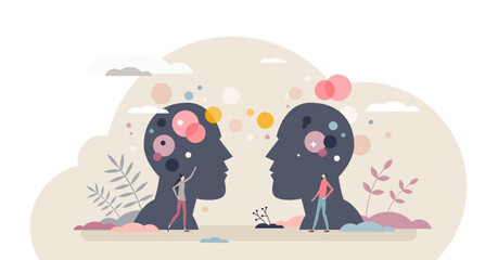 Empathy and emotional connection or support for couple tiny person concept, transparent background.Emotion intelligence and ability to understand other people feelings illustration.