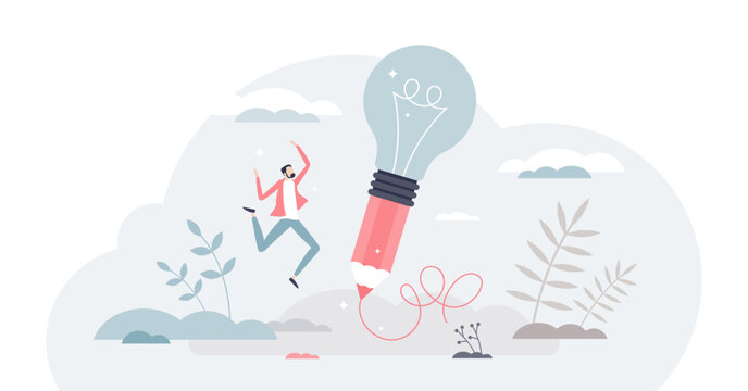 Creative idea writing as innovative lightbulb on pencil tiny person concept, transparent background. Project development with imagination thinking and creativity approach illustration.