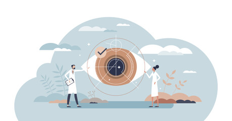 LASIK eye surgery, checkup and sight correction therapy tiny person concept, transparent background. Cornea laser procedure and care with optometry doctor appointment.