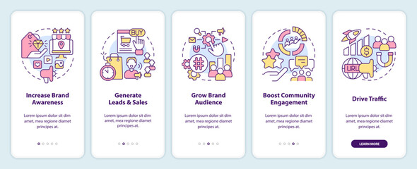 Social media advertising goals onboarding mobile app screen. SMM walkthrough 5 steps editable graphic instructions with linear concepts. UI, UX, GUI template. Myriad Pro-Bold, Regular fonts used