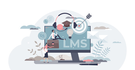 Learning management system or LMS as online education tiny person concept, transparent background. Training and knowledge software application as skill practice qualification framework illustration.