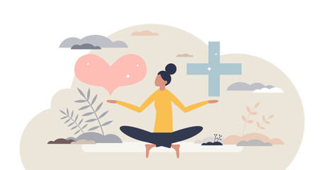 Mental wellbeing with love and health balance for peace tiny person concept, transparent background. Calm emotions and happiness mindset with value esteem and appreciation illustration. - obrazy, fototapety, plakaty