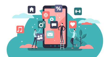 Mobile app illustration, transparent background. Flat tiny phone application persons concept. Digital device software creation, programming and development.