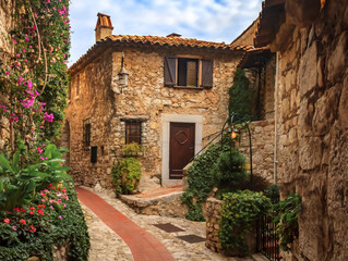 Old buildings in the picturesque medieval city of Eze Village in the South of France along the Mediterranean Sea