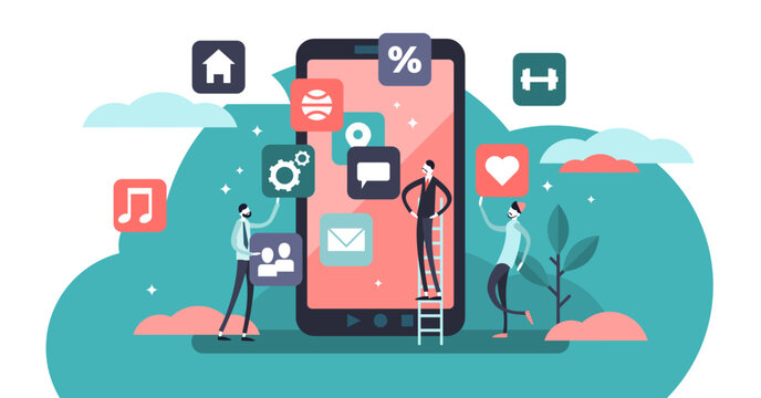 Mobile app illustration, transparent background. Flat tiny phone application persons concept. Digital device software creation, programming and development.