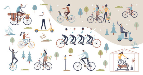 Riding bike set with various bicycle activity athletes tiny person collection, transparent background.Outdoor biking activity for modern and hypster transportation method illustration.