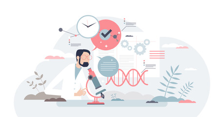 Scientific research with biochemistry test or examination tiny person concept, transparent background. Professional work process with microscope and DNA gene examples illustration.
