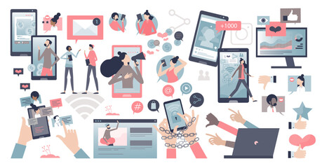 Social media set and website content followers elements collection tiny person concept, transparent background. Popular network posts, like, share and stories as marketing items illustration.