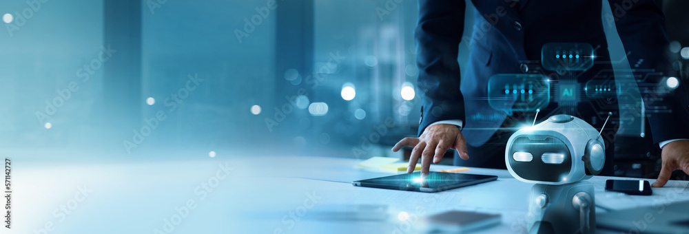 Aufkleber AI chat bot chat with businessman provide smart solution to solving business task. Artificial Intelligence power answer engine offer smart response conversation data to assist user accomplishment.
