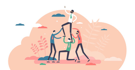 Teambuilding activity with partnership support training flat tiny persons concept, transparent background. Professional collaboration knowledge for development and growth.
