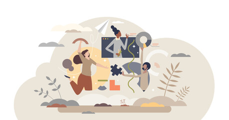 Teamwork creativity and collaboration for high efficiency project development tiny person concept, transparent background. Team with colleagues working together for corporate solution illustration.