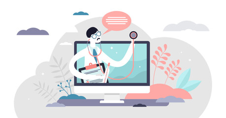 Telemedicine illustration, transparent background. Health service flat tiny persons concept. Telehealth medical support from doctors using technology and online apps.