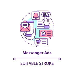Messenger ads concept icon. Communication in chat. Type of social media promo abstract idea thin line illustration. Isolated outline drawing. Editable stroke. Arial, Myriad Pro-Bold fonts used