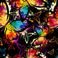 Watercolor seamless pattern with butterflies on a black background. Hand painted background. Butterfly watercolor. Vector illustration.