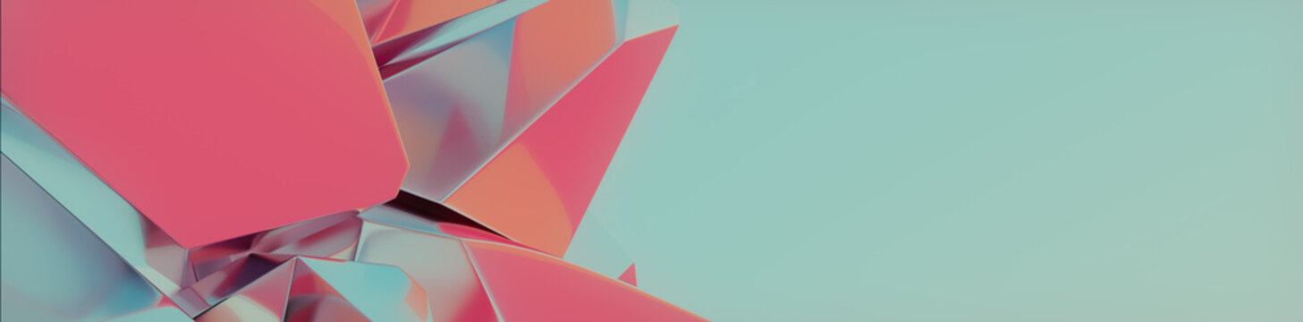 Colorful Aqua and Pink Crystal Pieces form a Modern Tech Banner. Glossy 3D Render with copy-space.