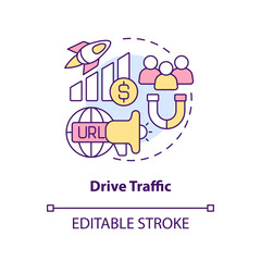 Drive traffic concept icon. Study conversions. Social media advertising goal abstract idea thin line illustration. Isolated outline drawing. Editable stroke. Arial, Myriad Pro-Bold fonts used