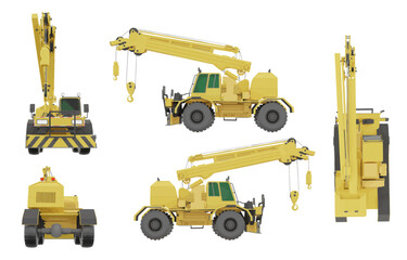 Crane truck machinery industry illustration set of constructive vehicles and digging machine isolated on background