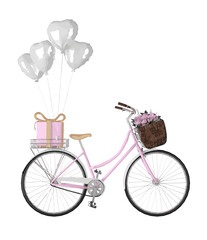 Pink vintage bicycle with flowers in basket and balloons heart shape.Design for elements decoration.