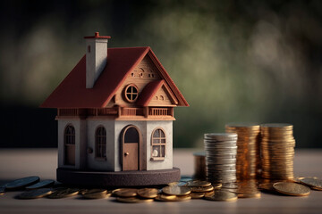 house model and money coins for concept saving money, concept of expensive living, expensive future, generative ai
