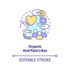 Organic and paid likes concept icon. Social media advertising metric abstract idea thin line illustration. Isolated outline drawing. Editable stroke. Arial, Myriad Pro-Bold fonts used