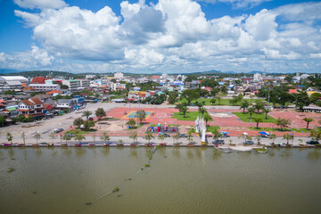 Aerial view of drone flying above Kwan Payao, Payao Province, Thailand