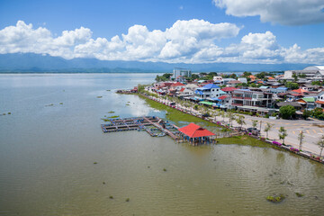Aerial view of drone flying above Kwan Payao, Payao Province, Thailand