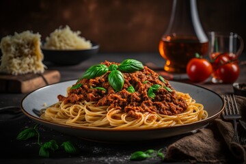 Side view of spaghetti bolognese on black plate