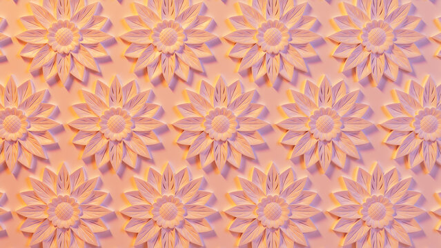 Classical Light Decorative Pattern Wallpaper. Pink and Yellow 3D Stucco Background.