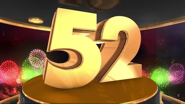 52nd birthday animation in gold with fireworks background, 
Animated 52 years Birthday Wishes in 4K 
