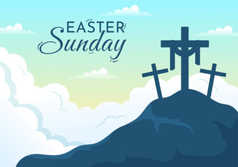 Happy Easter Sunday Day Illustration with Jesus, He is Risen and Celebration of Resurrection for Web Banner or Landing Page in Hand Drawn Templates