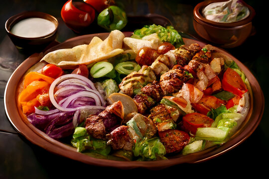 A plate of gyros and a variety of salads. AI generativ