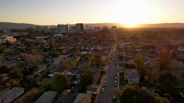 San Jose California sunset aerial skyline pullout