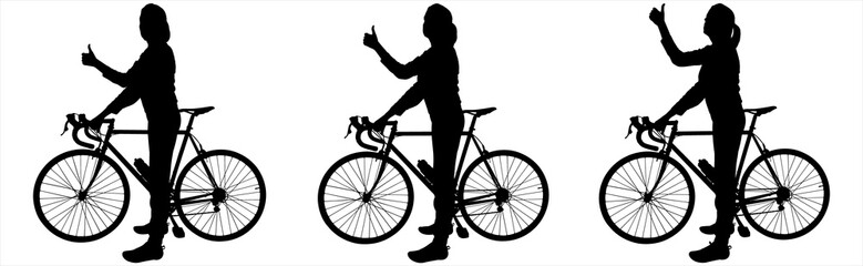 Obraz premium The girl stands near the bicycle, with her hand showing the gesture 