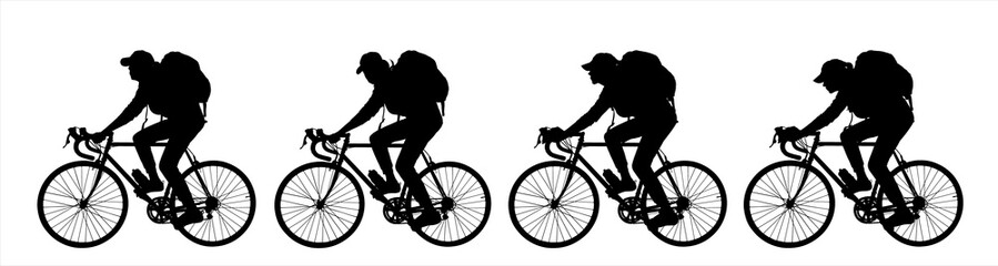 Fototapeta na wymiar A group of cyclists riding bicycles with backpacks on their backs. Tourists. Cycling. Woman, a girl with a bicycle. Side view, profile. Four black female silhouettes isolated on white background