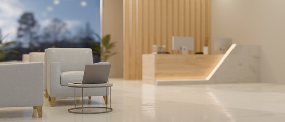Fototapeta na wymiar Modern luxury hotel lounge or lobby with waiting area interior design, laptop on side table