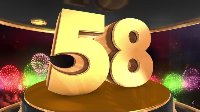 58th birthday animation in gold with fireworks background, 
Animated 58 years Birthday Wishes in 4K