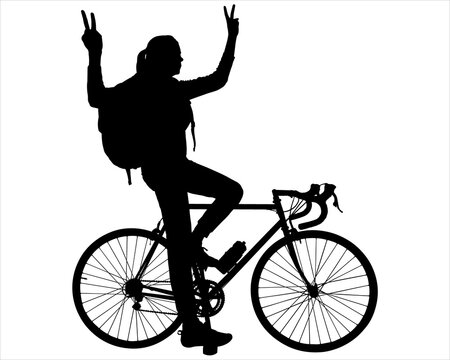 A woman with a large tourist backpack behind her sits astride a bicycle and shows the gesture "peace, victory" with her hands. A girl on the bike raised both hands in joy. Side view. Black silhouette