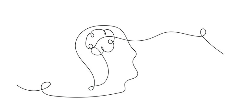 Continuously one line is drawn of a thinking man in front of his head. Allegory of creative solutions and searches. Minimalist concept of idea and creativity.