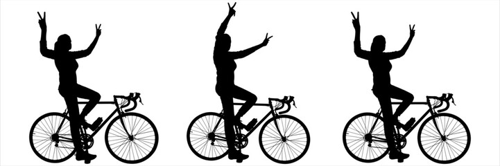 The girl on the bike raised both hands in joy. A woman on a bicycle shows the gesture 