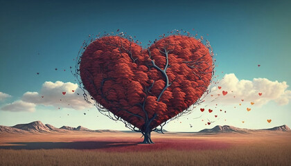 Fototapeta na wymiar A tree in the shape of a heart, Valentine's Day background. Love themes, created with generative AI technology.