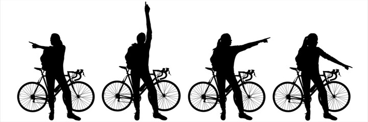 A girl with a large tourist backpack behind her, stands next to the bike. The cyclist indicates the direction with his hand. Bicycle: side view, profile. Character: half-side view. Black silhouettes