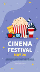 Vector vertical template cinema movie festival poster card. Popcorn basket, ticket, clapper, 3d glasses on violet background. Flyer or brochure for event.