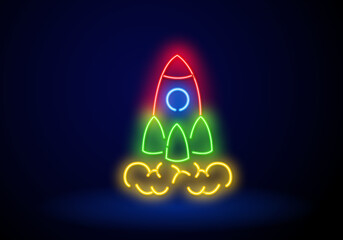 Neon rocket icon. Glowing neon spacecraft sign, spaceship flight in vivid colors. Space exploration, startup launch, product promotion, innovation. Icon set, sign, symbol for UI. - obrazy, fototapety, plakaty