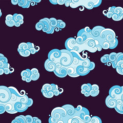 Fairytale Weather Forecast Seamless Pattern. Endless Texture with Cloudy Sky. Fantasy Cartoon Design on Dark Background. Vector Contour Illustration. Abstract Art