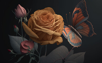 A rose with a butterfly perched, octane render, 4K, 8K, UHD, high detailed, Generative AI