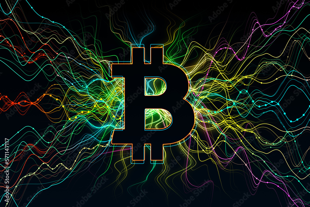 Poster Digital money and cryptocurrency concept with dark bitcoin sign among colorful digital information flows on abstract dark background. 3D rendering