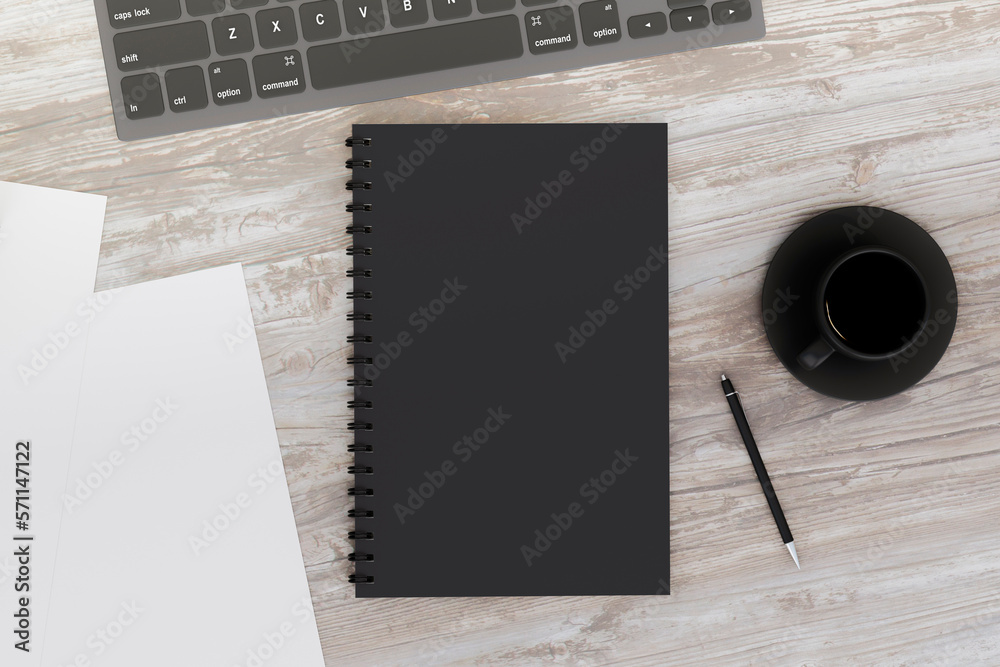 Poster Top view of wooden desktop with empty black notepad, pen and coffee cup. Workspace concept. 3D Rendering.